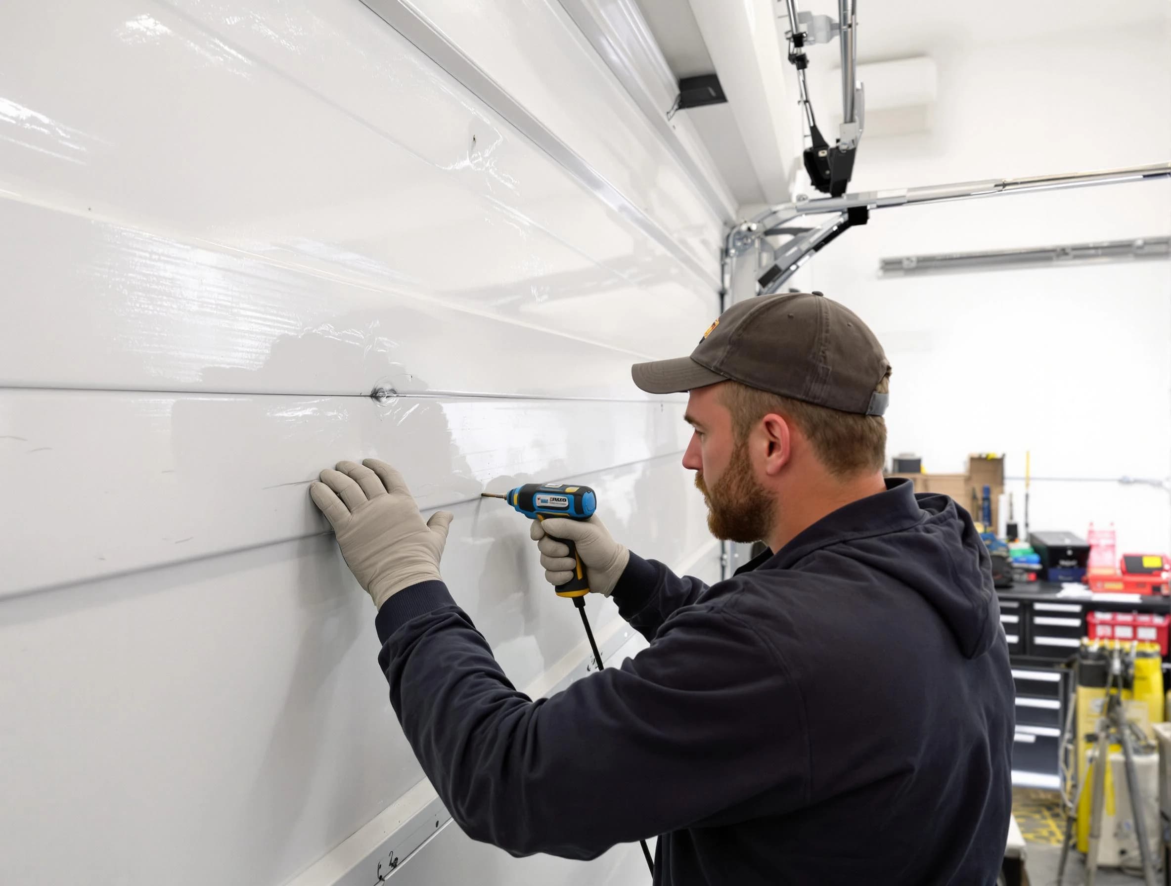 Butler Garage Door Repair technician demonstrating precision dent removal techniques on a Butler garage door