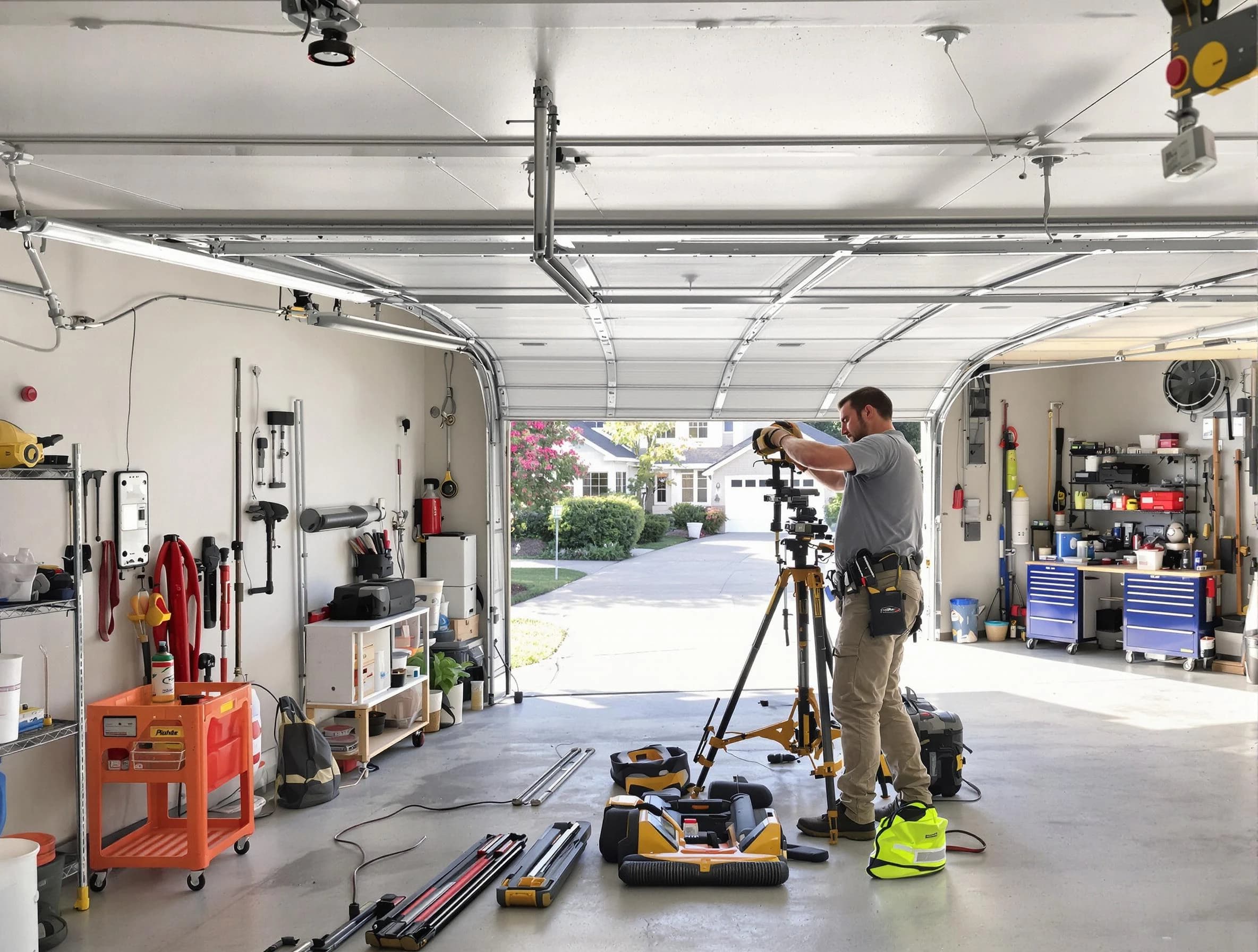 Butler Garage Door Repair specialist performing laser-guided track alignment in Butler