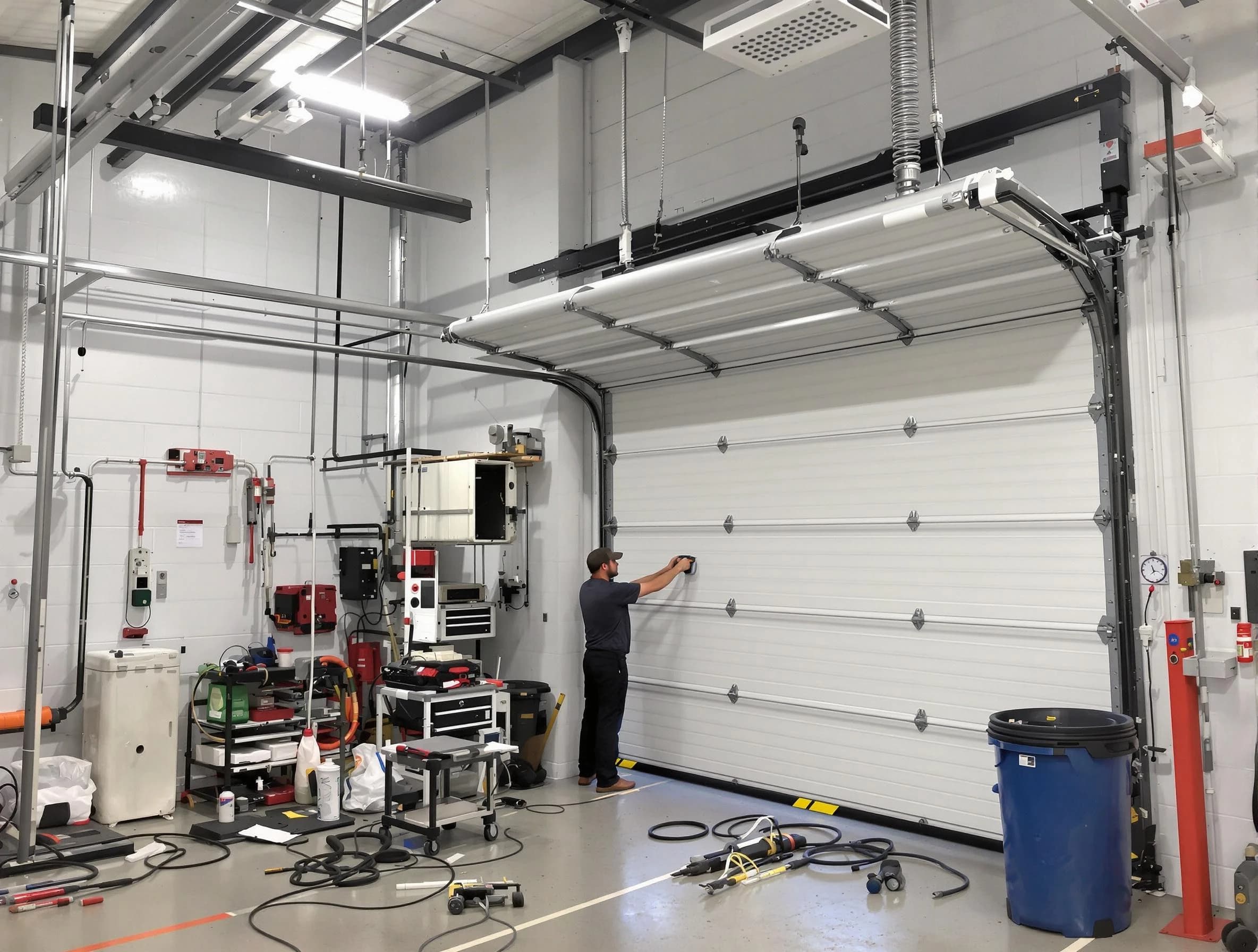 Butler Garage Door Repair certified technician performing commercial door repair at a Butler business facility